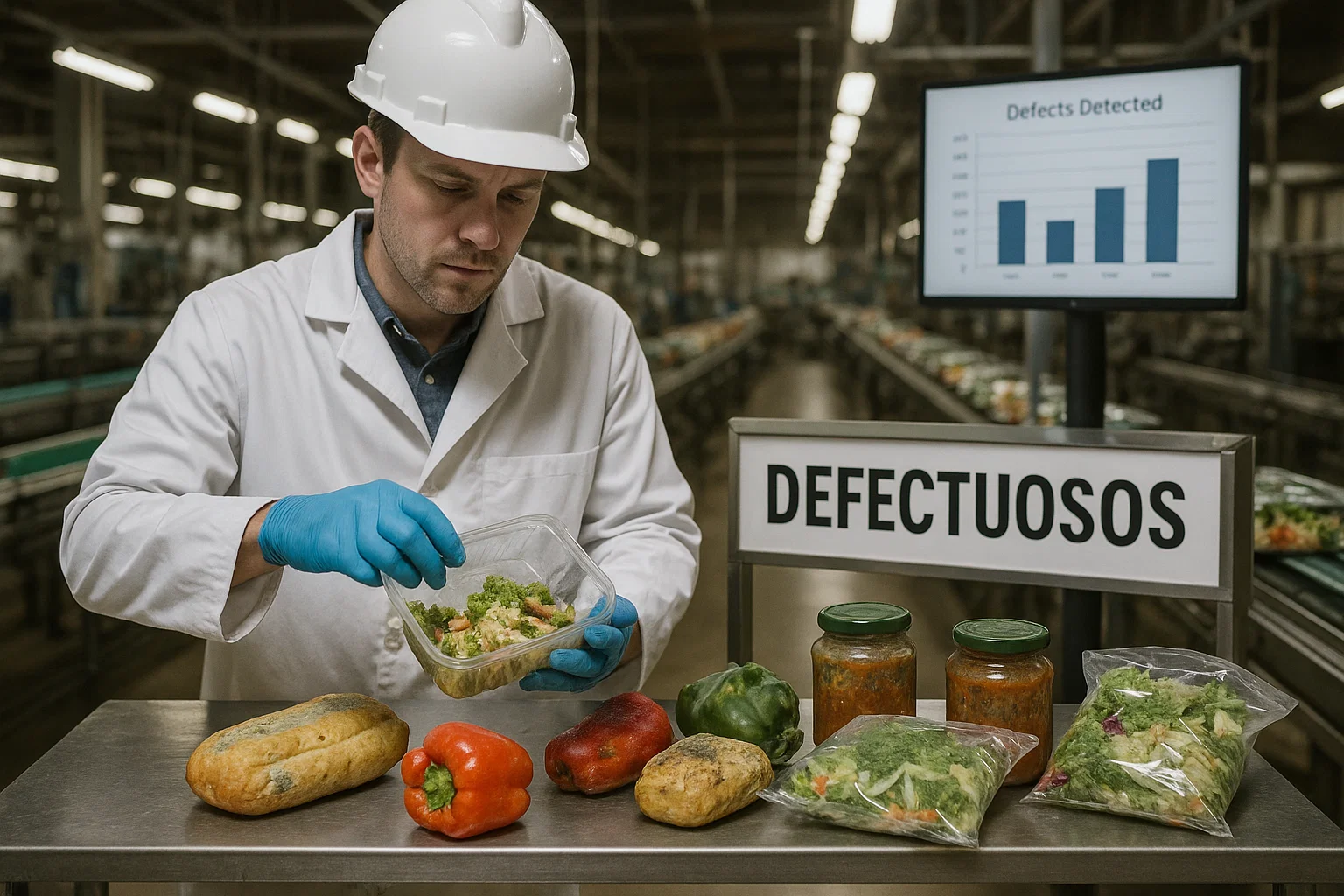 Inspección visual detectando defectos en línea de producción
